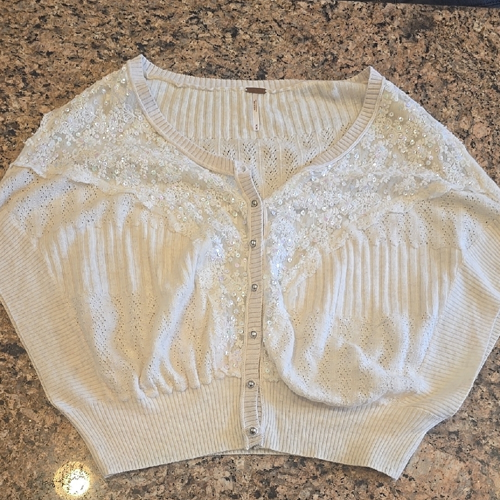 Free People Cream Cardigan with Lace Accents
